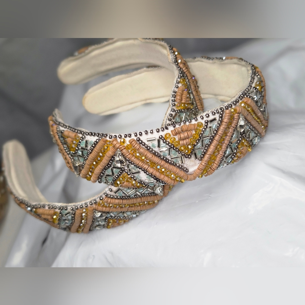 Embellished Padded Headband Pair in Champagne & Peach Tones